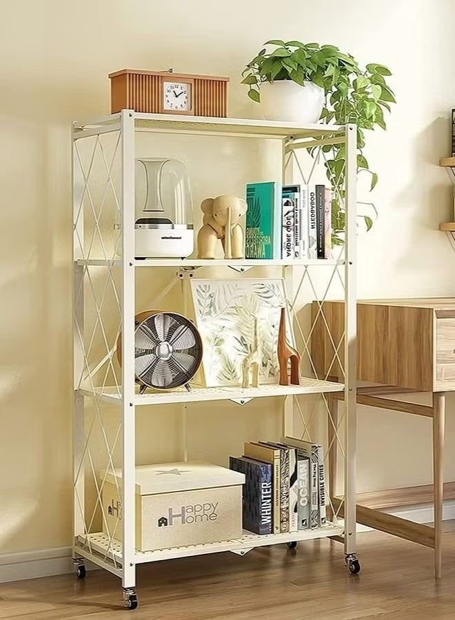 Raqi 4-Tier Foldable Metal Storage Rack with Wheels – Heavy-Duty Shelving Unit with Large Capacity – Kitchen, Garage & Basement Organizer – White - Image 4